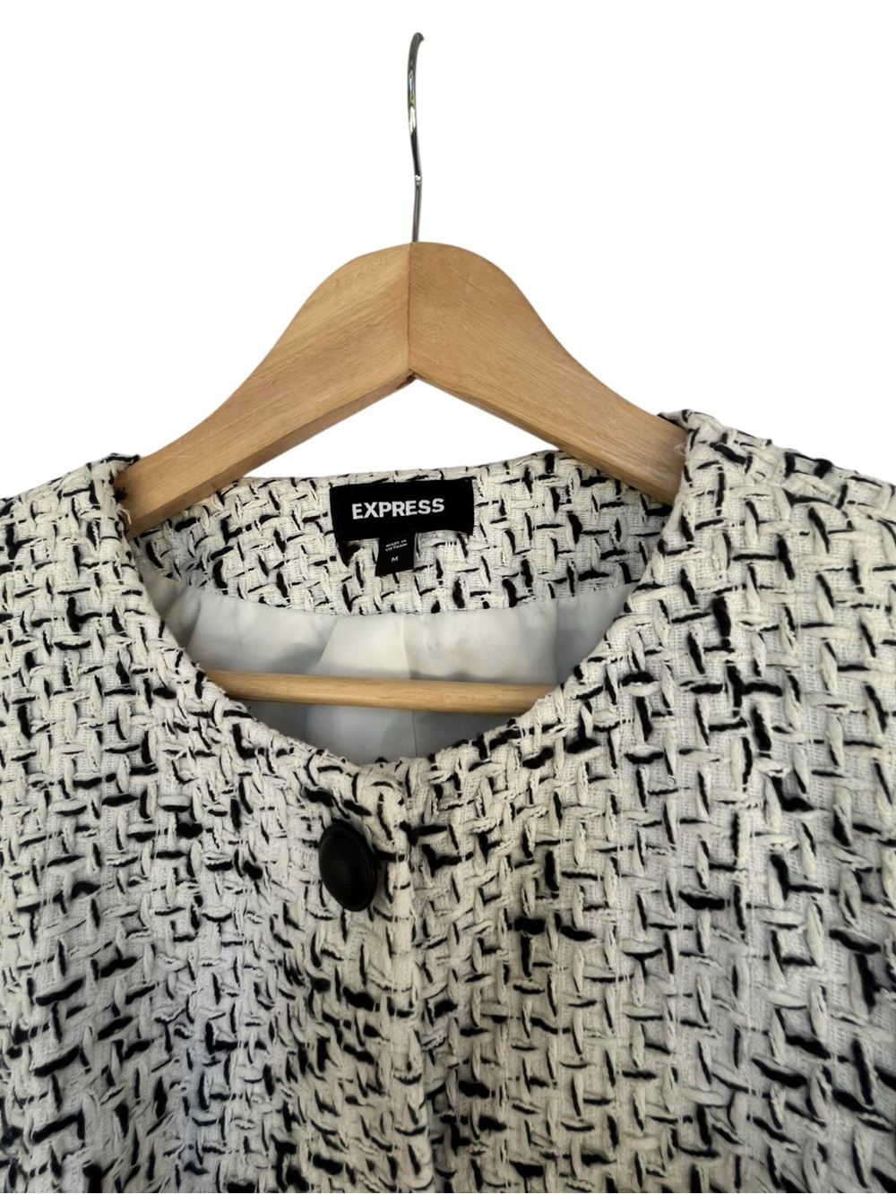 Express Cropped Tweed Black White Jacket Blazer M - Picture 3 of 6